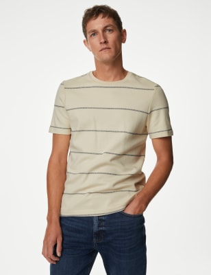 

Mens M&S Collection Pure Cotton Double Knit Striped T-Shirt - Ecru Mix, Ecru Mix