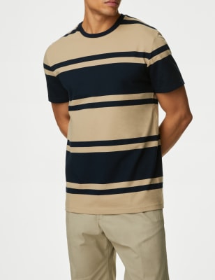 

Mens M&S Collection Pure Cotton Colour Block Striped T-Shirt - Navy Mix, Navy Mix