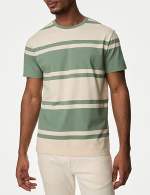 

Mens M&S Collection Pure Cotton Colour Block Striped T-Shirt - Ecru Mix, Ecru Mix