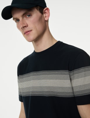 

Mens M&S Collection Pure Cotton Striped Crew Neck T-Shirt - Dark Navy, Dark Navy