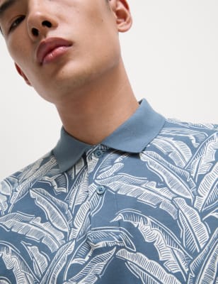 

Mens M&S Collection Pure Cotton Banana Leaf Print Polo Shirt, Air Force Blue