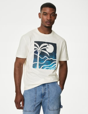 

Mens M&S Collection Pure Cotton Palm Print T-Shirt - Ivory, Ivory