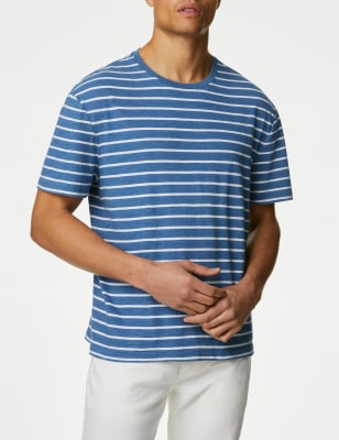 

Marks & Spencer Pure Cotton Striped T-Shirt (MALE, LIGHT INDIGO, S-REG)