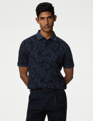 

Mens M&S Collection Pure Cotton Leaf Print Polo Shirt - Navy Mix, Navy Mix