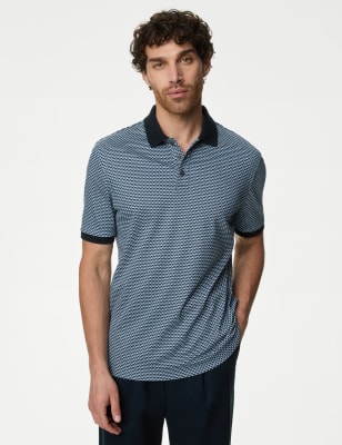 

Mens M&S Collection Polohemd aus reiner Baumwolle mit geometrischem Muster - Dark Navy, Dark Navy
