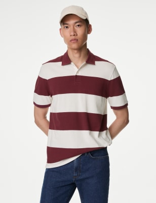 

Mens M&S Collection Pure Cotton Striped Pique Polo Shirt - Wine Mix, Wine Mix