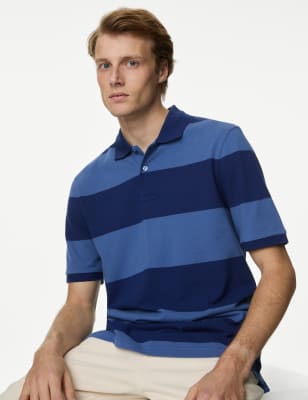 

Mens M&S Collection Pure Cotton Striped Pique Polo Shirt - Blue Mix, Blue Mix