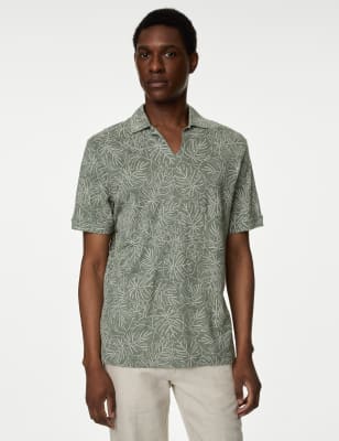 

Mens M&S Collection Pure Linen Leaf Print Polo Shirt - Sage Green, Sage Green