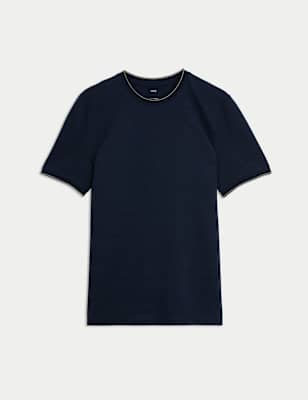 

Mens M&S Collection Pure Cotton Textured T-Shirt, Dark Navy