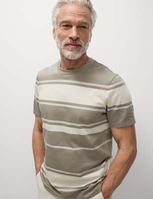 

Mens M&S Collection Pure Cotton Striped T-Shirt, Ecru