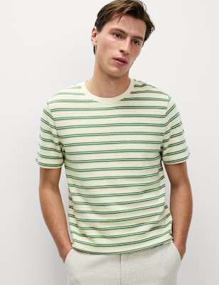 

Mens M&S Collection Cotton Rich Striped Textured T-Shirt, Bayleaf
