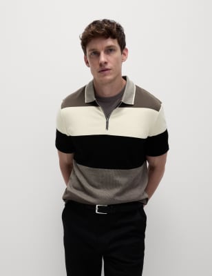 

Mens M&S Collection Pure Cotton Colour Block Half Zip Polo - Mole Mix, Mole Mix