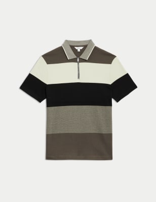 

Mens M&S Collection Pure Cotton Colour Block Half Zip Polo - Mole Mix, Mole Mix