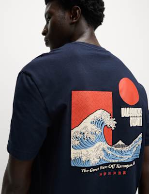 

Mens M&S Collection Pure Cotton Japanese Graphic T-Shirt, Dark Navy