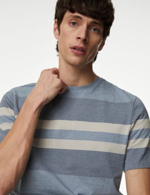 

Mens Autograph Pure Cotton Striped T-Shirt - Denim Mix, Denim Mix