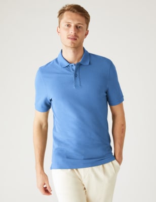 

Mens M&S Collection Slim Fit Pure Cotton Pique Polo Shirt - Mid Blue, Mid Blue