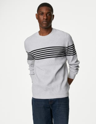 

Mens M&S Collection Pure Cotton Striped Waffle Sweatshirt - Grey Marl, Grey Marl