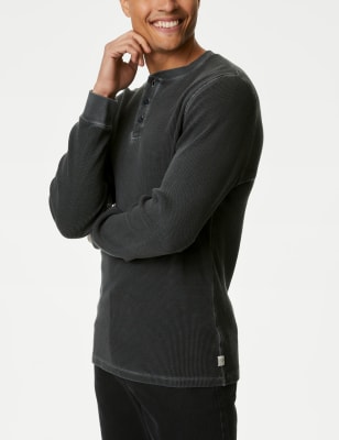 

Mens M&S Collection Pure Cotton Waffle Henley Long Sleeve Top - Dark Pewter, Dark Pewter