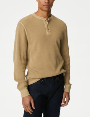 

Mens M&S Collection Langarm-Oberteil aus reiner Baumwolle mit Henley-Ausschnitt und Waffelmuster - Sand, Sand