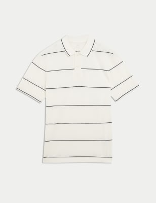 

Mens M&S Collection Pure Cotton Pique Striped Polo Shirt - Ivory, Ivory