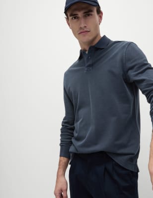 

Mens M&S Collection Pure Cotton Textured Long Sleeved Polo Shirt - Dark Navy, Dark Navy