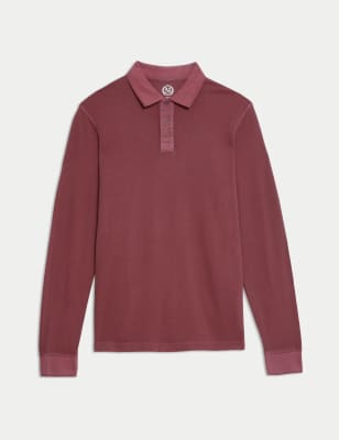 

Mens M&S Collection Pure Cotton Textured Long Sleeved Polo Shirt - Claret, Claret