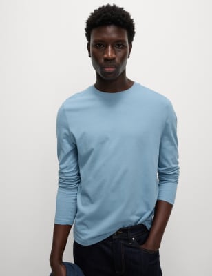 

Mens M&S Collection Pure Cotton Long Sleeve T-Shirt - Blue, Blue