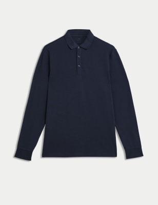 

Mens M&S Collection Pure Cotton Long Sleeve Polo Shirt - Dark Navy, Dark Navy