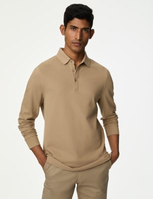 

Mens M&S Collection Pure Cotton Long Sleeve Polo Shirt - Light Brown, Light Brown