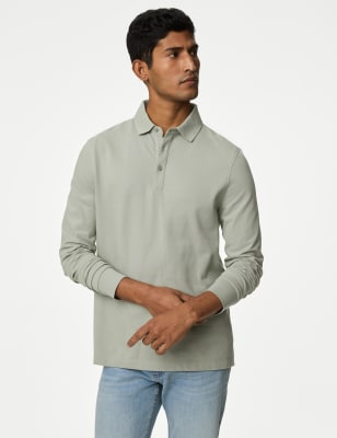 

Mens M&S Collection Pure Cotton Long Sleeve Polo Shirt - Soft Green, Soft Green