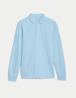 

Mens M&S Collection Pure Cotton Long Sleeve Polo Shirt - Pale Blue, Pale Blue