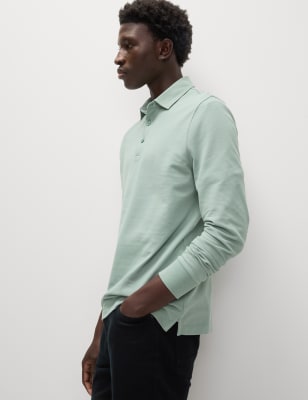 

Mens M&S Collection Pure Cotton Long Sleeve Polo Shirt - Washed Green, Washed Green