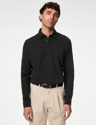 

Mens M&S Collection Pure Cotton Long Sleeve Polo Shirt - Black, Black