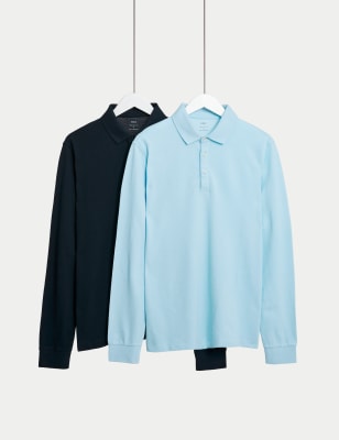 

Mens M&S Collection 2pk Pure Cotton Long Sleeve Polo Shirts - Pale Blue Mix, Pale Blue Mix