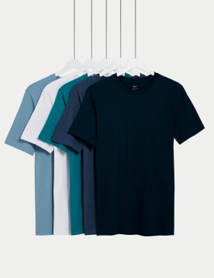 

Mens M&S Collection 5er-Pack T-Shirts aus reiner Baumwolle mit Rundhalsausschnitt - Pale Blue Mix, Pale Blue Mix