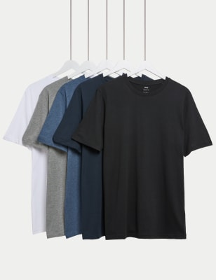 

Mens M&S Collection 5pk Pure Cotton Crew Neck T-Shirts, Denim Mix