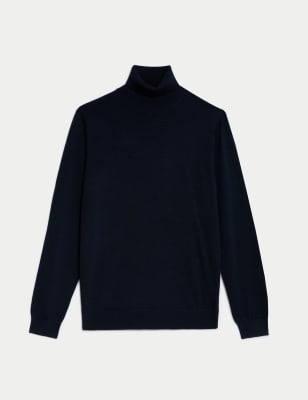 

JAEGER Mens Merino Wool Rich High Neck Jumper with Silk - Navy, Navy