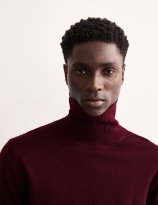 

JAEGER Mens Merino Wool Rich High Neck Jumper with Silk - Claret, Claret