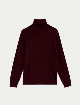 

JAEGER Mens Merino Wool Rich High Neck Jumper with Silk - Claret, Claret