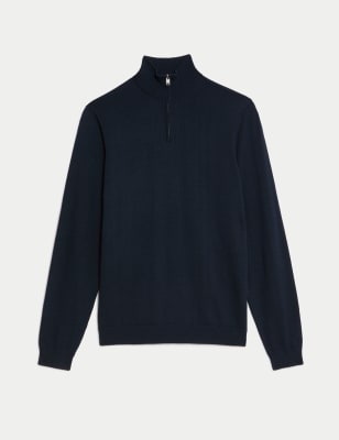 

JAEGER Mens Merino Wool Rich with Silk Zip Up Jumper - Navy, Navy