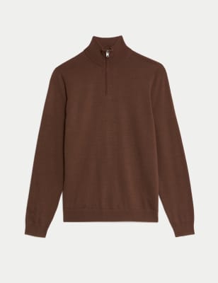 

JAEGER Mens Merino Wool Rich with Silk Zip Up Jumper - Brown, Brown