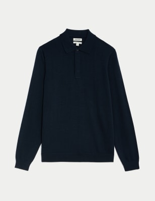 

JAEGER Mens Merino Wool Rich with Silk Knitted Polo Shirt - Navy, Navy