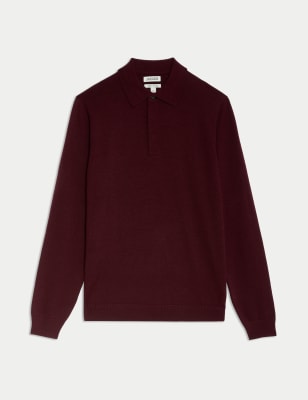 

JAEGER Mens Merino Wool Rich with Silk Knitted Polo Shirt - Claret, Claret