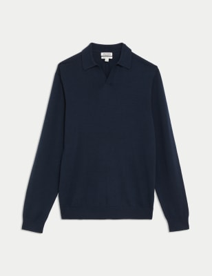 

JAEGER Mens Merino Wool Rich Polo Shirt with Silk - Navy, Navy