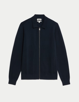 

JAEGER Mens Pure Extra-Fine Merino Wool Knitted Jacket - Navy, Navy