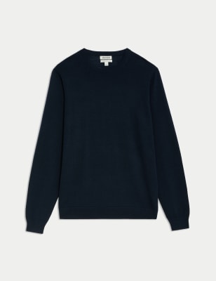 

JAEGER Mens Merino Wool Rich Crew Neck Jumper with Silk - Navy, Navy