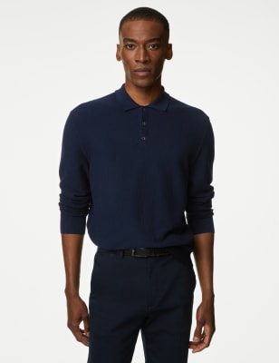 

Mens Autograph Cotton Rich Textured Knitted Polo Shirt - Navy, Navy