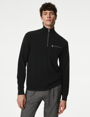 

Mens Autograph Cotton Rich Funnel Neck Half Zip Jumper - Black, Black