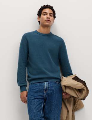 Mens M&S Pure Cotton Textured Crew Neck Jumper, Chambray