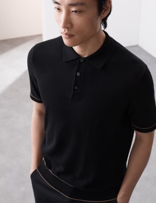 Autograph Men's Silk Cotton Knitted Polo Shirt - SREG - Black, Fawn,Black,Dark Navy